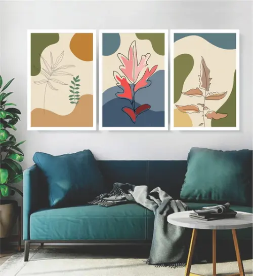 Kit 3 Quadros Folhagem Desenho Colorido Decoração Moldura