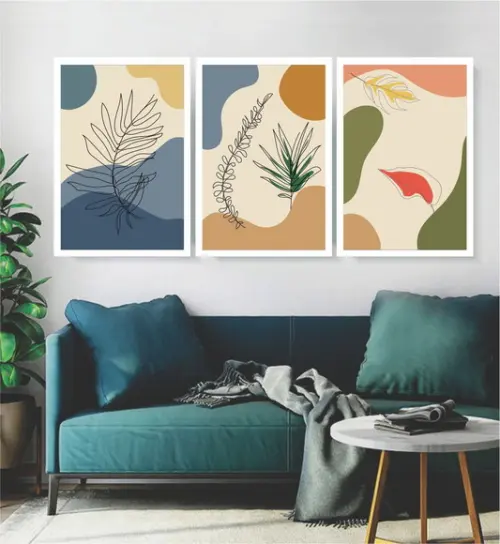 Kit 3 Quadros Folhagem Desenho Decoração Conjunto Moldura