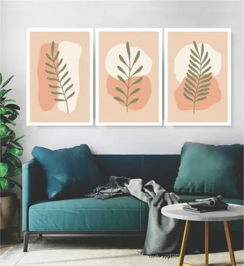 Kit 3 Quadros Folhagem Desenho Rosê Decoração Com Moldura