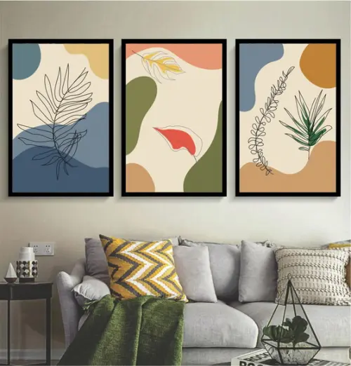 Kit 3 Quadros Folhagem Desenho Decoração Paisagem Molduras