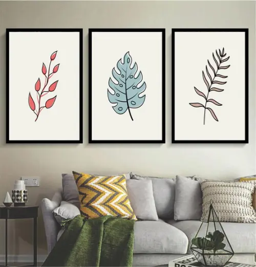 Kit 3 Quadros Folhagem Desenho Tropical Decoração Moldura