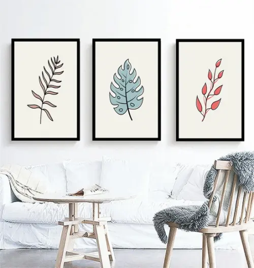 Kit 3 Quadros Folhagem Desenho Tropical Decoração Moldura