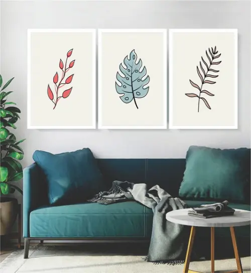 Kit 3 Quadros Folhagem Desenho Tropical Decoração Moldura