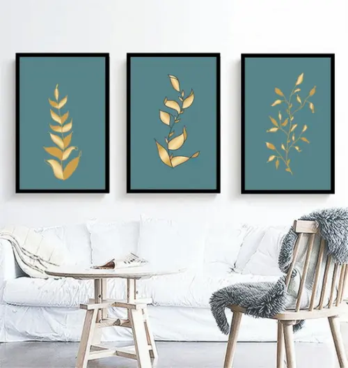 Kit 3 Quadros Folhagem Dourada Azul Decoração Com Moldura
