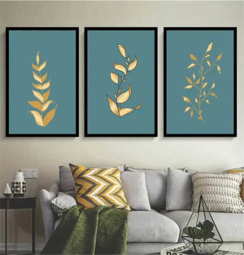 Kit 3 Quadros Folhagem Dourada Azul Decoração Com Moldura