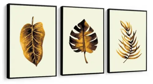 Kit 3 Quadros Folhagem Dourada Botânico Decoração Molduras