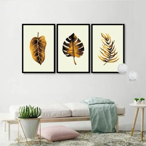 Kit 3 Quadros Folhagem Dourada Botânico Decoração Molduras