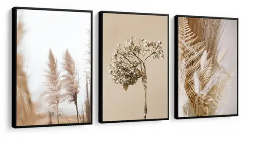 Kit 3 Quadros Folhagem Dourada Botânico Decoração Molduras