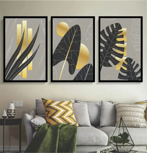 Kit 3 Quadros Folhagem Dourada Costela Decoração Com Moldura