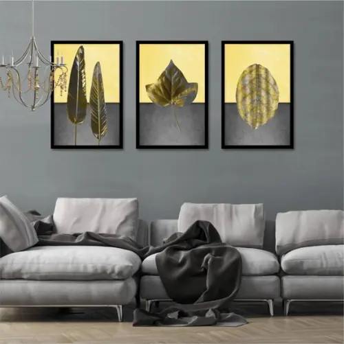 Kit 3 Quadros Folhagem Dourada Decoração Casa Sala Molduras