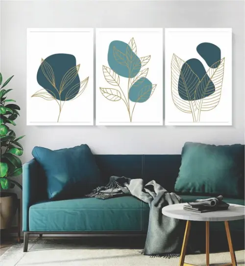 Kit 3 Quadros Folhagem Dourada e Azul Decoração Com Moldura