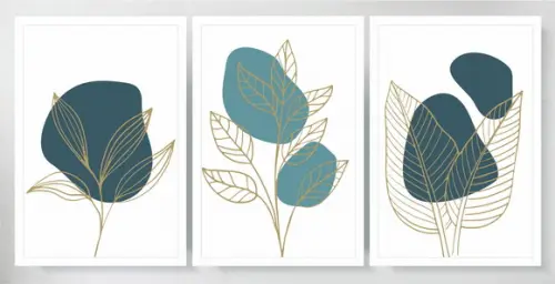 Kit 3 Quadros Folhagem Dourada e Azul Decoração Com Moldura