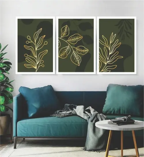 Kit 3 Quadros Folhagem Dourada e Verde Decoração Com Moldura