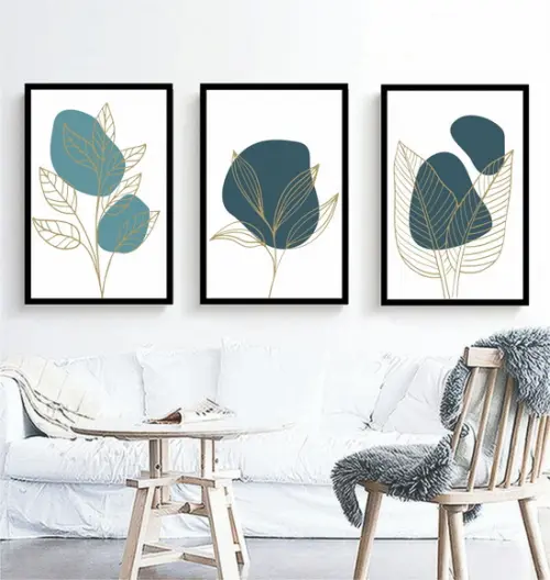 Kit 3 Quadros Folhagem Dourada e Azul Decoração Com Moldura