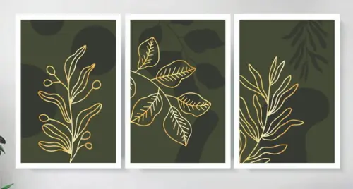 Kit 3 Quadros Folhagem Dourada e Verde Decoração Com Moldura