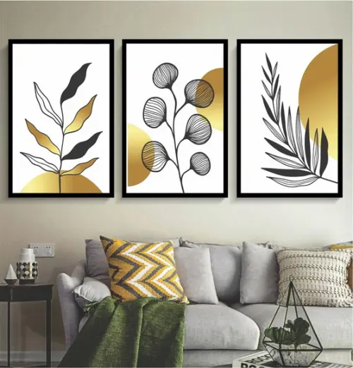 Kit 3 Quadros Folhagem Dourada Flores Decoração Com Moldura