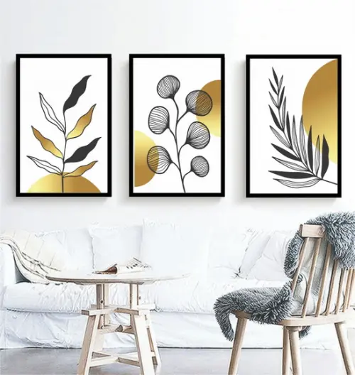 Kit 3 Quadros Folhagem Dourada Flores Decoração Com Moldura