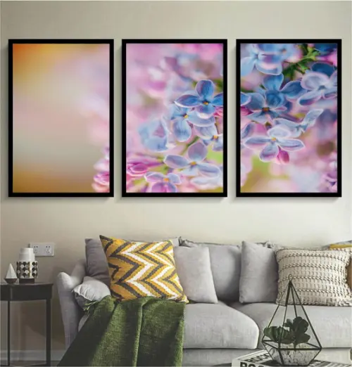 Kit 3 Quadros Folhagem Flores Colorida Decoração Com Moldura