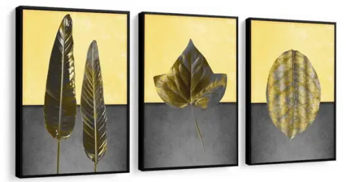 Kit 3 Quadros Folhagem Dourada Decoração Casa Sala Molduras