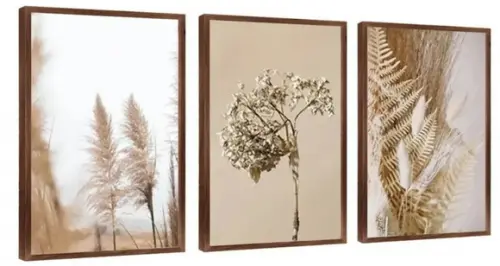 Kit 3 Quadros Folhagem Dourada Seca Decoração Com Molduras