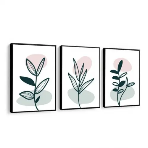 Kit 3 Quadros Folhagem Flores Decoração Botânico Com Moldura