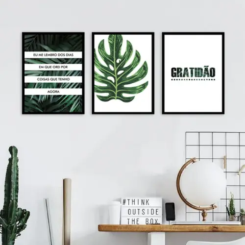 Kit 3 Quadros Folhagem Frases Gratidão Decoração Com Moldura