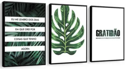 Kit 3 Quadros Folhagem Frases Gratidão Decoração Com Moldura