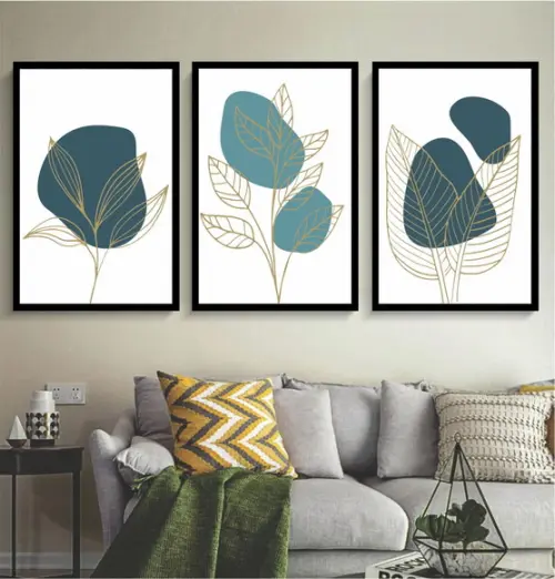 Kit 3 Quadros Folhagem Dourada e Azul Decoração Com Moldura