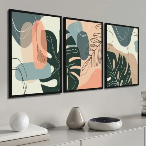 Kit 3 Quadros Folhagem Monstera Decoração Conjunto Molduras
