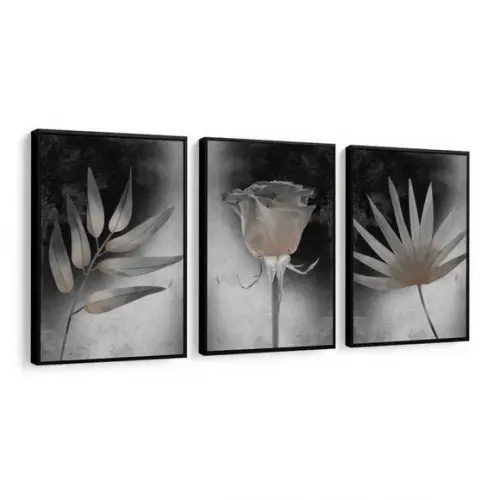Kit 3 Quadros Folhagem Preto e Branco Decoração Flor Moldura