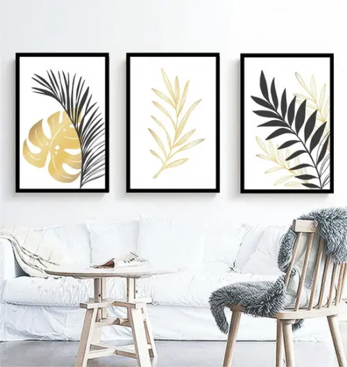 Kit 3 Quadros Folhagem Preta e Dourada Decoração Com Moldura
