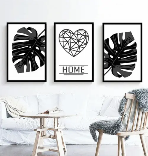 Kit 3 Quadros Folhagem Preto e Branco Decoração Home Moldura