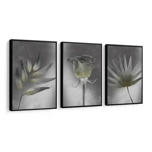 Kit 3 Quadros Folhagem Preto e Branco Flor Decoração Moldura