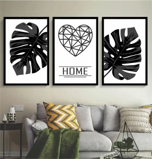 Kit 3 Quadros Folhagem Preto e Branco Decoração Home Moldura