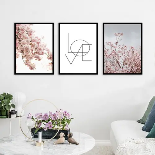 Kit 3 Quadros Folhagem Rosa Love Decoração Casal Com Moldura