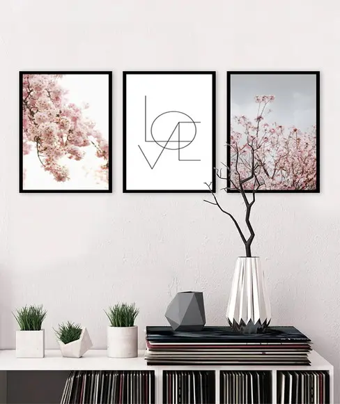 Kit 3 Quadros Folhagem Rosa Love Decoração Casal Com Moldura