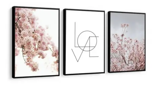 Kit 3 Quadros Folhagem Rosa Love Decoração Casal Com Moldura