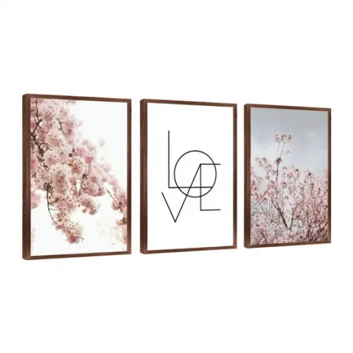 Kit 3 Quadros Folhagem Rosa Love Decoração Casal Com Moldura
