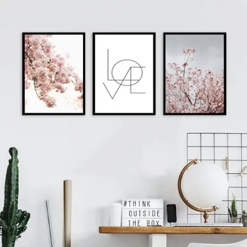 Kit 3 Quadros Folhagem Rosa Love Decoração Casal Com Moldura