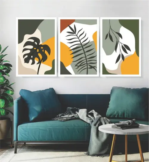 Kit 3 Quadros Folhagem Tropical Desenho Decoração Moldura