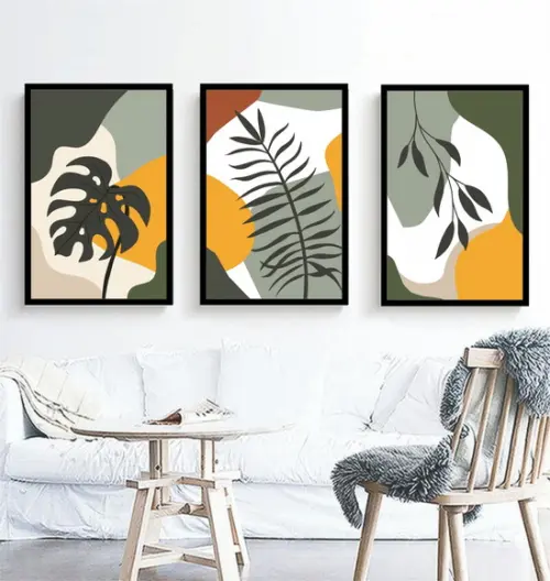 Kit 3 Quadros Folhagem Tropical Desenho Decoração Molduras