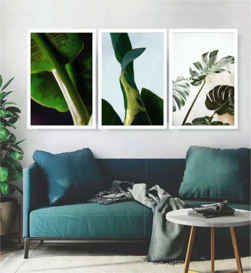Kit 3 Quadros Folhagem Tropical Verde Decoração Com Moldura