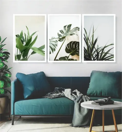 Kit 3 Quadros Folhagem Verde Conjunto Decoração Com Moldura