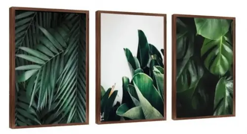 Kit 3 Quadros Folhagem Verde Conjunto Decoração Com Molduras