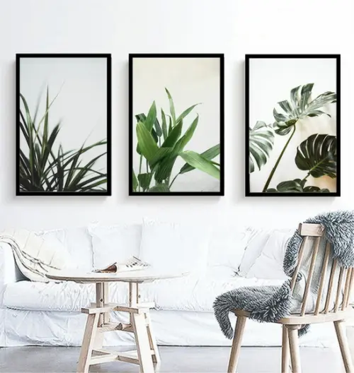 Kit 3 Quadros Folhagem Verde Conjunto Decoração Com Molduras