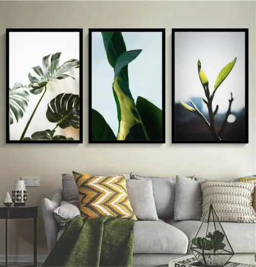 Kit 3 Quadros Folhagem Verde Costela Adão Decoração Molduras