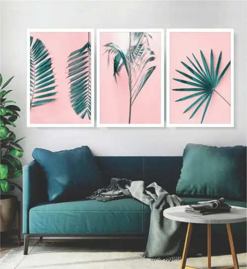 Kit 3 Quadros Folhagem Verde Decoração Conjunto Com Moldura
