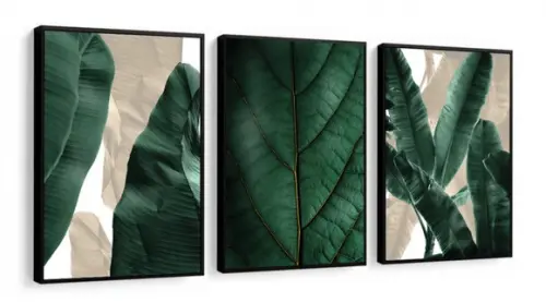 Kit 3 Quadros Folhagem Verde Decoração Conjunto Com Molduras
