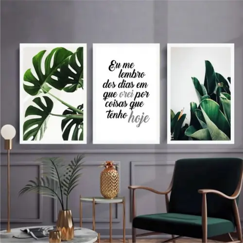 Kit 3 Quadros Folhagem Verde Decoração Frases Oração Moldura