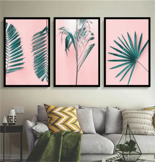 Kit 3 Quadros Folhagem Verde Decoração Conjunto Com Molduras